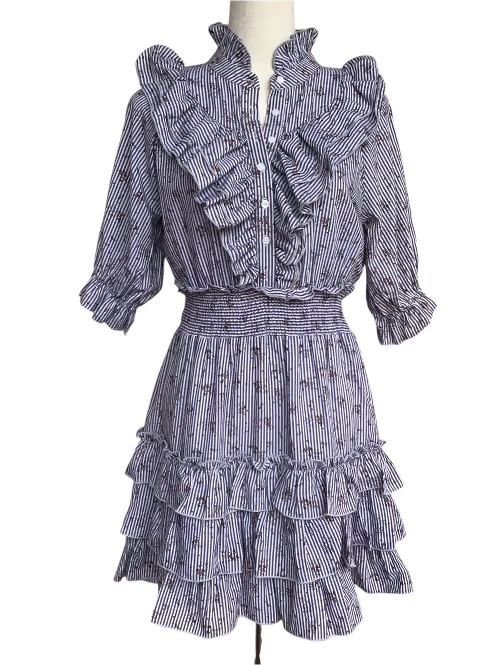 The Shirt Rochelle Behrens Ruffle Tiered Striped Floral Dress NEW